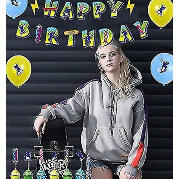 Skateboard fødselsdag dekoration Skateboard tema banner Skateboard fødselsdagsartikler Silhouette ballon Skateboard kagetop Skateboard cupcake top