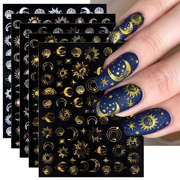 10 ark måne stjärna sol nagelkonst klistermärken dekaler självhäftande färgglada roséguld nageltillbehör nagelkonst design dekoration tillbehör 1pc