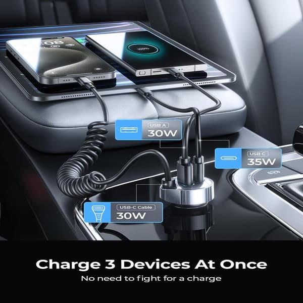 USB C Biloplader 65W med 1,5M Spiralkabel til iPhone 16, PD QC3.0 Hurtigopladning[JUN]