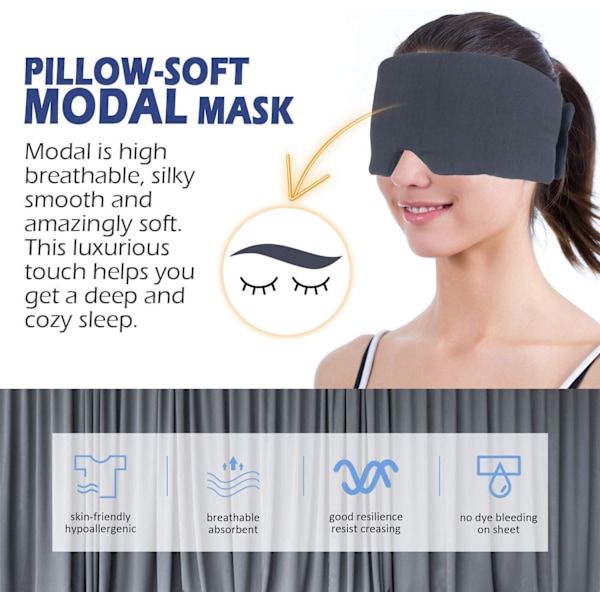 Sovmask - Hudvänligt Modalmaterial & Ljusblockerande Sovmask för Hemma/Flyg/Skiftarbete, Handgjord, Fullt Justerbar Rem, Fullständiga Ögonskydd grey
