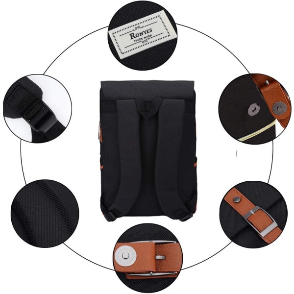 College rygsæk Max 15,6 tommer bærbar afslappet rygsæk Vandtæt Business Travel Skole rygsæk rygsæk med USB Unisex (sort) Black