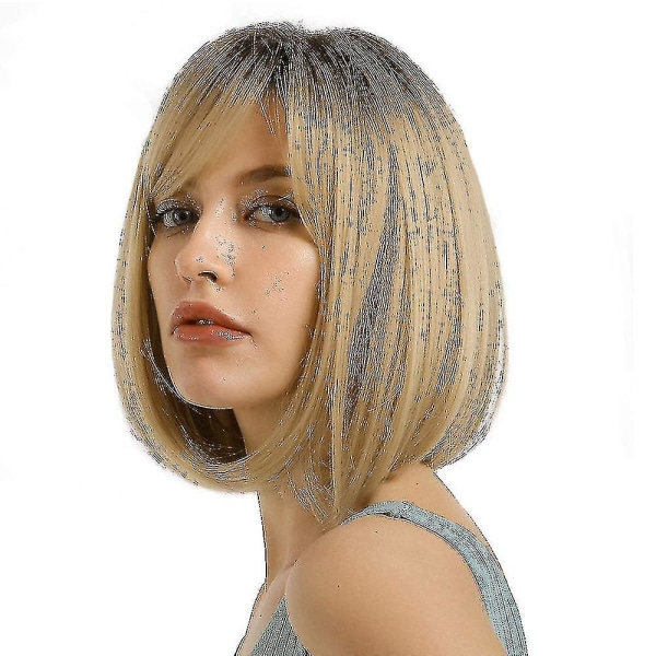 Blonde Wig With Bangs Short Hair Wigs For Women Ombre Blonde Wig Straight Bob Wig Synthetic Natural Heat Resistant Side Part Wigs 14 Inches For Pa_y