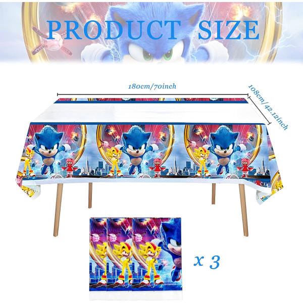 3 stk. Sonic-bordsduk, 180 cm * 108 cm, vanntett Hedgehog-festduk, rektangulær plast Sonic for barnebursdag med temafest