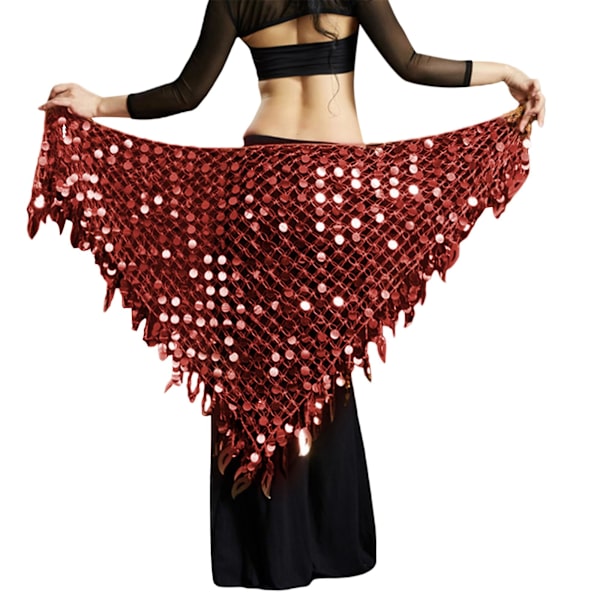 Trekant hofte tørklæde til mavedans, skinnende pailletter hul mesh wrap nederdel talje kæde Wine Red One Size