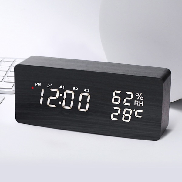 LED Väckarklocka, Digital Träklocka, Multifunktionell Väckarklocka, 3 Separata Alarm, Röst- & Beröringsaktiverad, Temperatur black