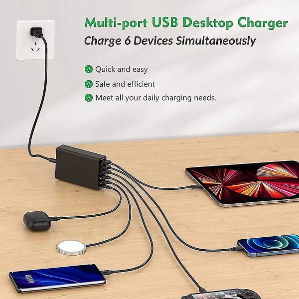 96w 6-ports stasjonær USB-ladestasjon med 3 usb-c-porter og Qc3.0-porter, 20w hurtiglader Eu Plus