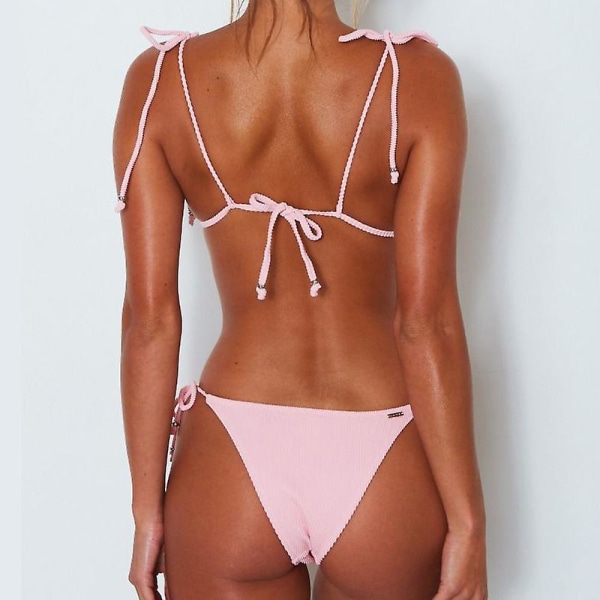 Kvinnors push-up vadderad bikini set remmar baddräkt strandkläder baddräkt Pink S