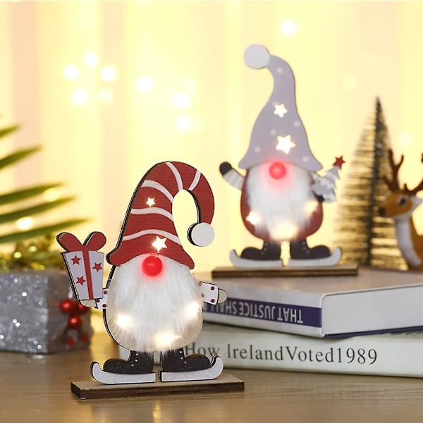 2 stk. Jule Nisse Julemand Træ Nisse Led-11.5*4*15.2cm, Jule Nisse Bord Tilbehør, Træ Dekorativt Objekt Til At Stå Batteridrevet Tomte