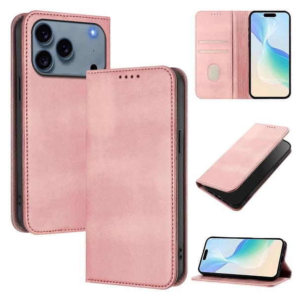 Retro tekstur RFID-blokerende læder telefoncover til iPhone 17 Pro Max Wallet Cases Pink Pink