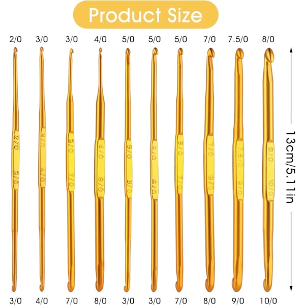 10 stk. dobbeltsidede hæklenåle i guld - hæklenåle til sweaterstrikning - sæt med strikkepinde til vævning - gør-det-selv-håndstrikningsværktøj (10 størrelser)