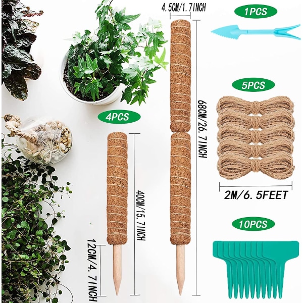 Moss Pole för växter Monstera, böjbara växtpinnar stöd, växtpinnar för inomhus krukväxter, 45'' Coco Coir Pole växtstöd för Sphagnum, Po