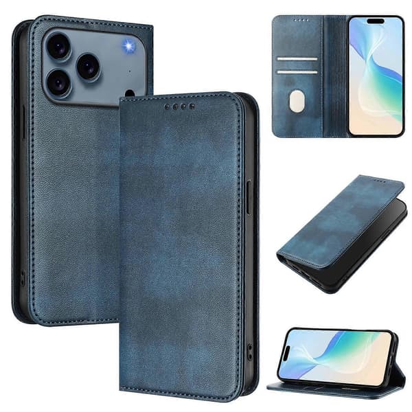 Retro tekstur RFID-blokerende læder telefoncover til iPhone 17 Pro Max Wallet Cases Blue Blue