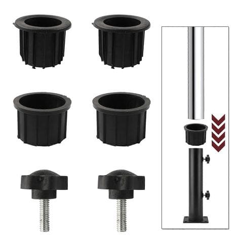 2 Stk. Skruer til Parasolfod med 4 stk. Støttering til Parasolfod Hulprop Muffe Parasolfodshætte 1,5\" & 1,9\" Set