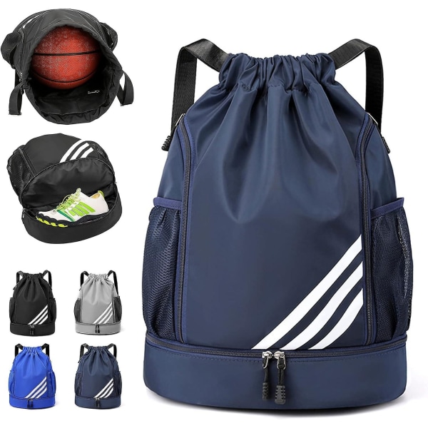 Sportryggsäck med dragsko, stor gymväska med skofack, vattentät nylon för shopping på gymmet (grå) Y04  DarkBlue