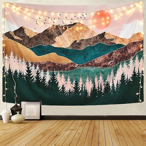 Bergsväv Forest Tree Tapestry Solnedgångsväv Naturlandskapsväv Rum Väggbonad (51,2 x 59,1 tum)