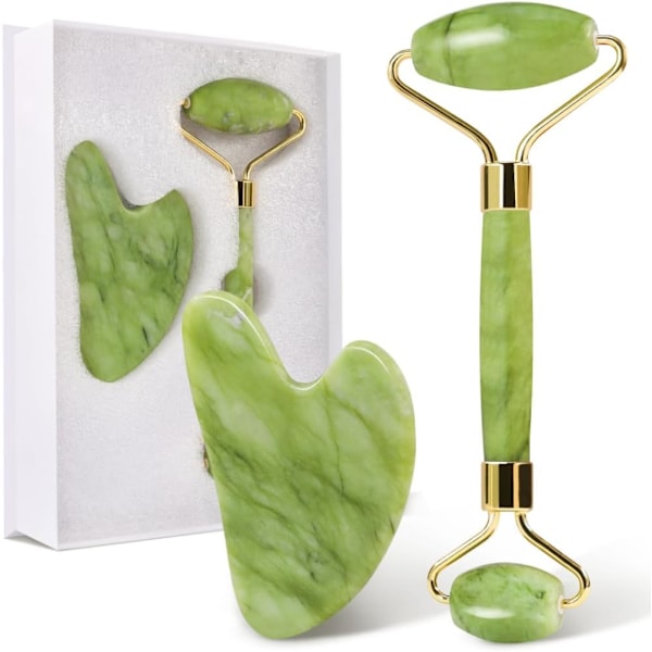 Jade Roller og Gua Sha Sett, Rose Quartz Roller med Guasha Stein, Ansiktsrulle for Kvinner, Massasjeverktøy for Ansikt, Nakke og Kropp Muskelavslappende, Rosa green