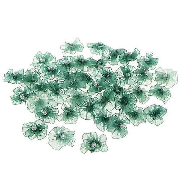 5x40 Chiffonblomster med Perle Flatback-knapper Pynt DIY Håndverk Grønn
