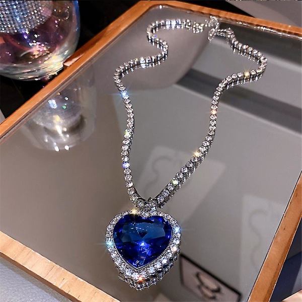 Blå hjerte krystal halskæde kvinders vedhæng med lang kæde personlighedssmykker