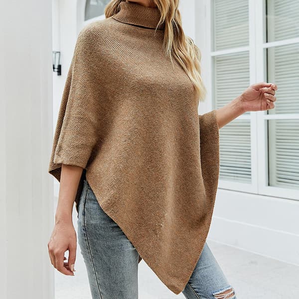 Dame Pullover Trøjer Løs Sjal Wrap Med Sideknapper Strikket Ensfarvet Kappe Khaki