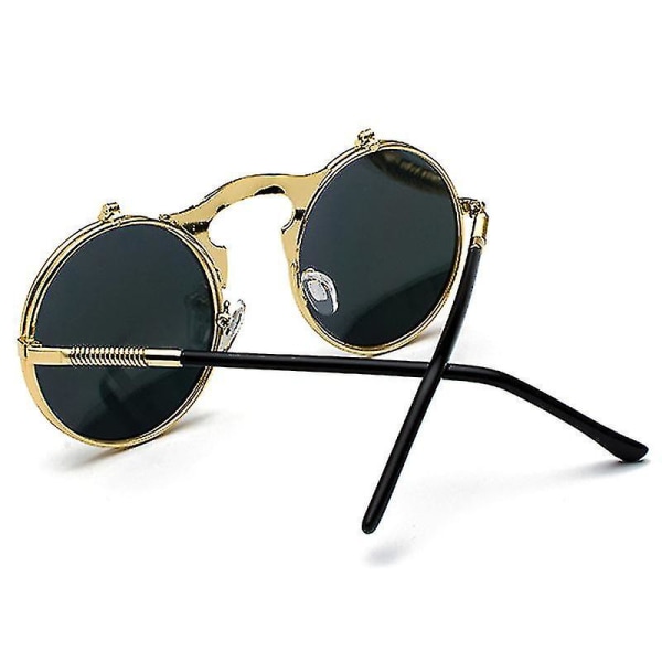 Miesten unisex -aurinkolasit Flip Up Lens Pyöreät silmälasit Gold Frame Black Grey Lenses