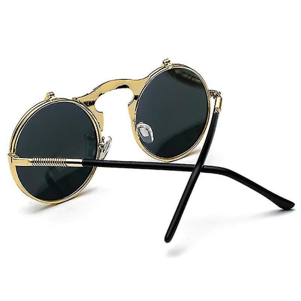 Unisex solbriller for menn med runde øyne og flip-up linser Gold Frame Black Grey Lenses