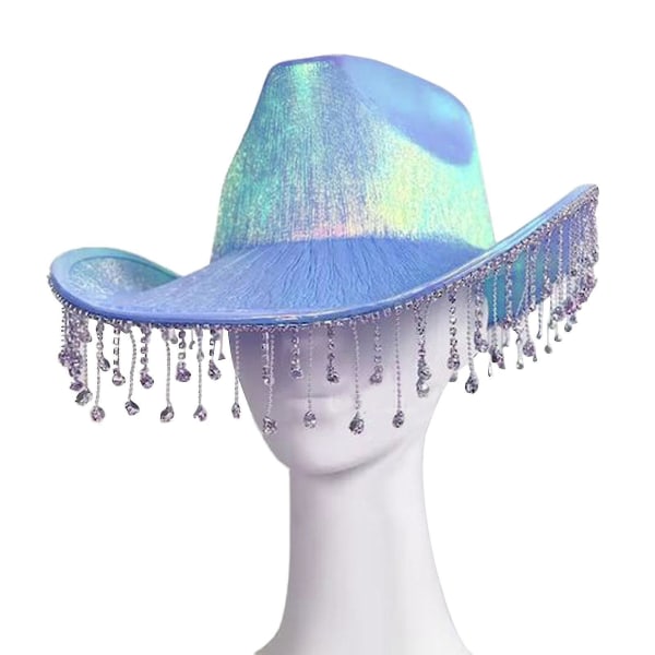 Glittrande rymdcowboyhatt, rolig metallisk holografisk festdisco-utklädningscowboyhatt med tofsar