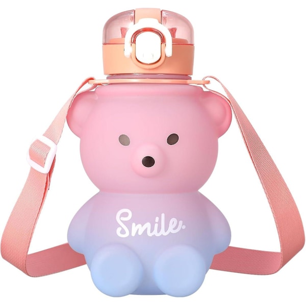 Kawaii björn vattenflaska med sugrör och rem, 800 ml söta gradient färgade vattenflaskor bärbara läckagesäkra BPA-fria drickskoppar för barn flickor