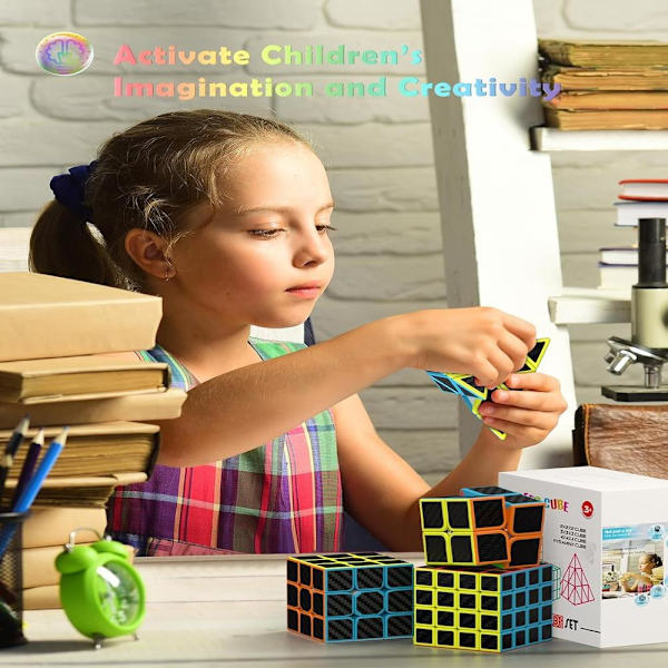 Speed Cube Set, 2X2 3X3 4X4 Pyramid Cube Stickerless med Instruktion [4 Pack] (Kolfiber Cube Set)