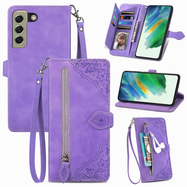 För Samsung Galaxy S21 FE 5G Präglad Blommig Stötsäker Läderfodral Purple