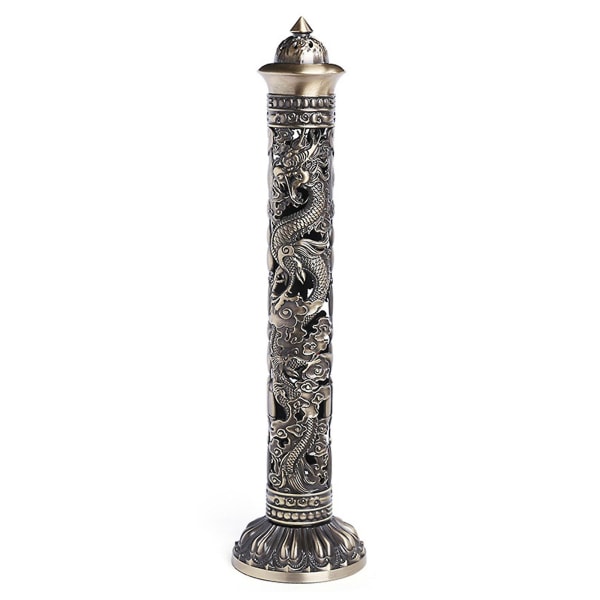 Antik vintage kobber lodret røgelsespindbrænder udhulet udskåret Dragon Phoenix Metal Tower Ash Catcher Røgelseskar Bronze