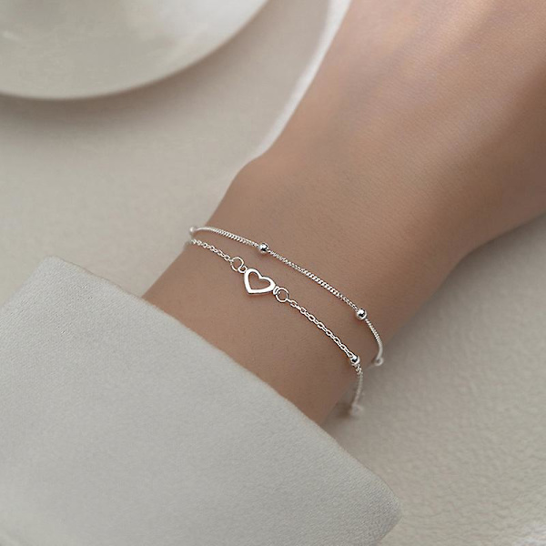 Hjärtberlockarmband för kvinnor Silverfärg på hand Dubbla lager Armband OneSize