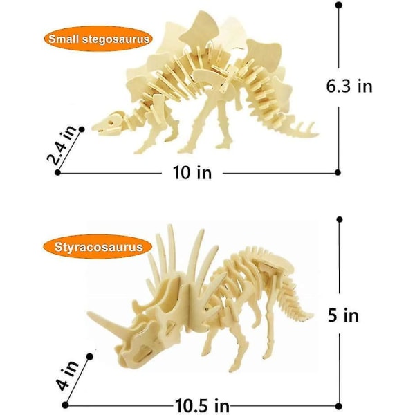 3D træ dinosaur puslespil - 6 stykker sæt træ dinosaur skelet model puslespil - Diy træ håndværk 3D puslespil - Stem legetøj gaver til børn og voksne