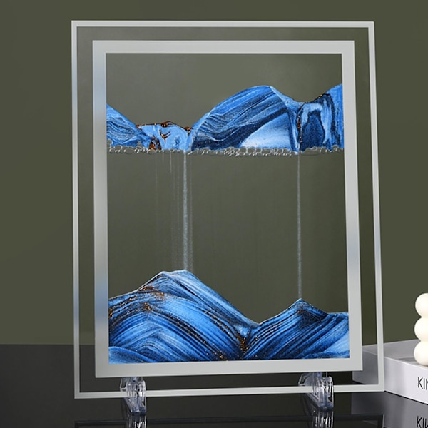 Elegant 3D-effekt timglasmålning Vacker Lägg till omgivande glas Flytande sandbild för skrivbord Blue 5inch