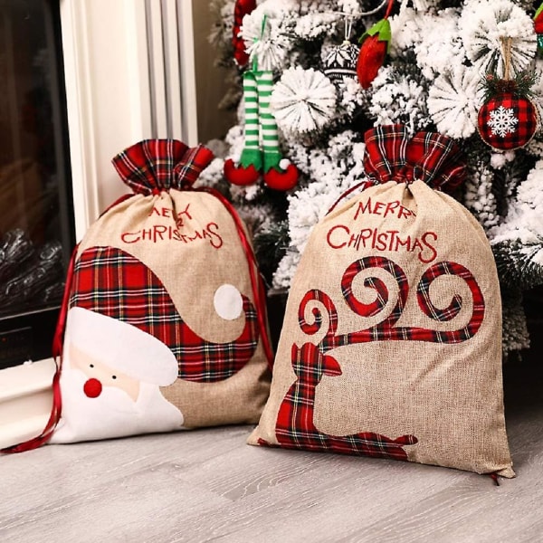 2 pakke julemands juletasker, store linned juleposer med snore til gaveindpakning, 56 x 39 cm genanvendelig gaveopbevaringspose