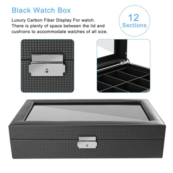 Watchbox / Klockbox 12 klokker Carbon Luxury modell i sort CW012