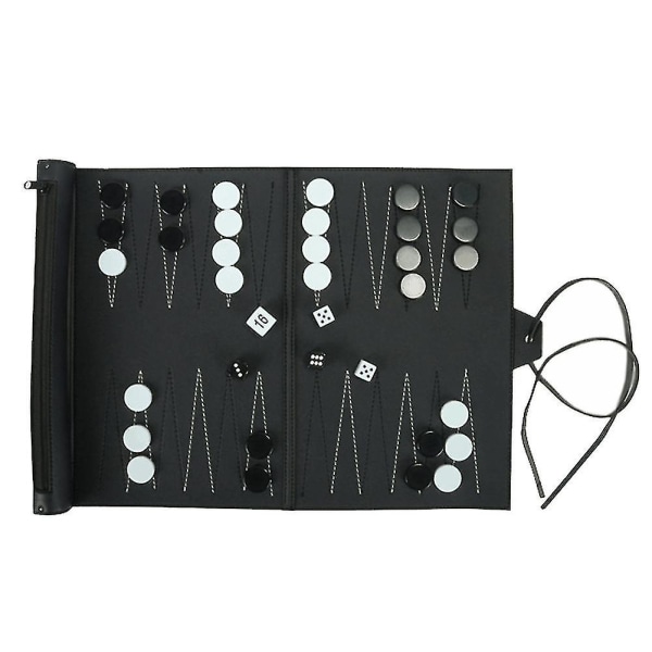 Hopfällbar PU-läder schackbräda Backgammon spel bärbar reseschackbräda pusselspel presenter för barn och vuxna svart