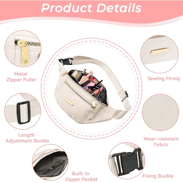Fanny Pack Fashionable Waist Bag Casual Travel Bum Bag med 3 glidelåslommer for kvinner menn Sports Running Hiking Jogging (Beige)