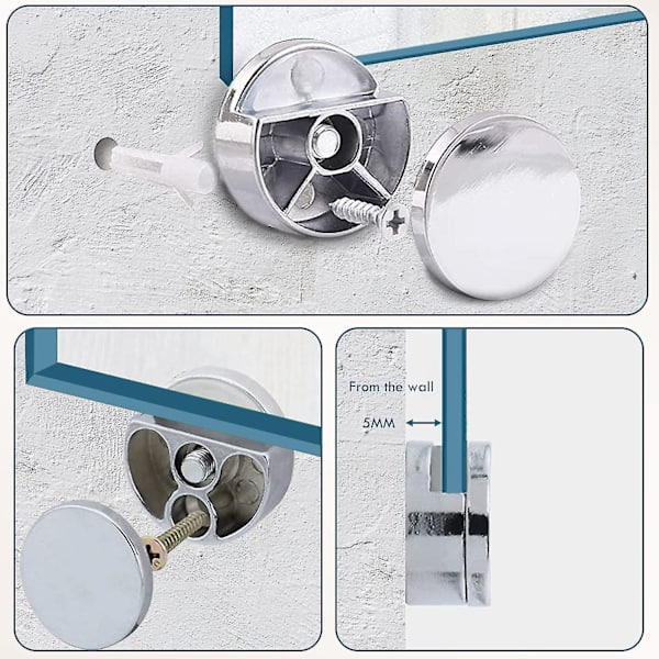 Spegels väggfäste, runt spegelglasklämma spegelhållare, för 3-5 mm spegel med glasspacer, 8 stycken