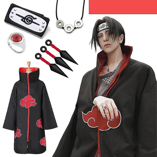 Uchiha Itachi Red Cloud Cloak Anime Ninja Cosplay Kostym Pannband Halsband Halloween-mantel Vuxen S