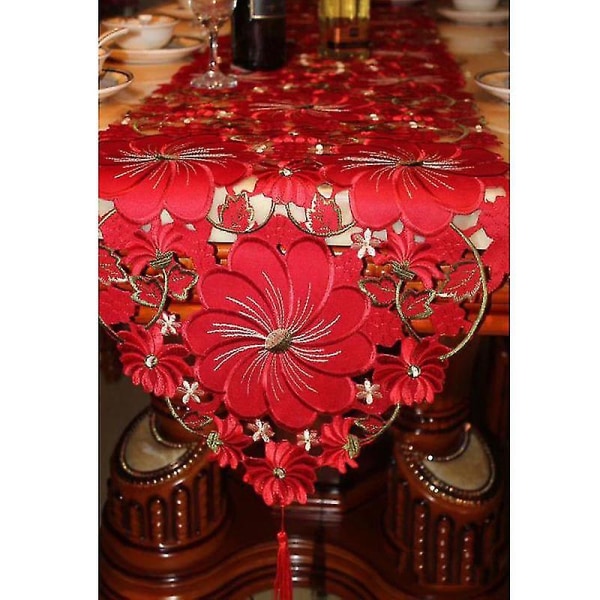 Bordsdukar röd bröllopsbordlöpare blommig handgjord broderad bordslöpare lyxbord för evenemangsfest