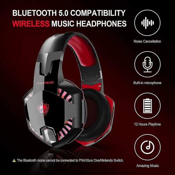 Trådlösa Bluetooth hörlurar med mikrofon, PS4 Gaming Headset för PC, Xbox One, Ps5 Red Red