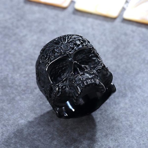 Flower Skull Ring Gothic Punk Rostfritt stål Ringar för män Hiphop Rock Biker Black 10