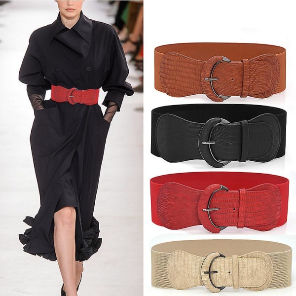Bred midjebälte för kvinnor Stretch Cinch-bälte Läder elastiskt bälte för damklänningsdekoration Red