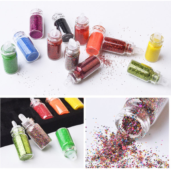 Nail Art Decor Mix 48 färger miniflaskor glitterpulver
