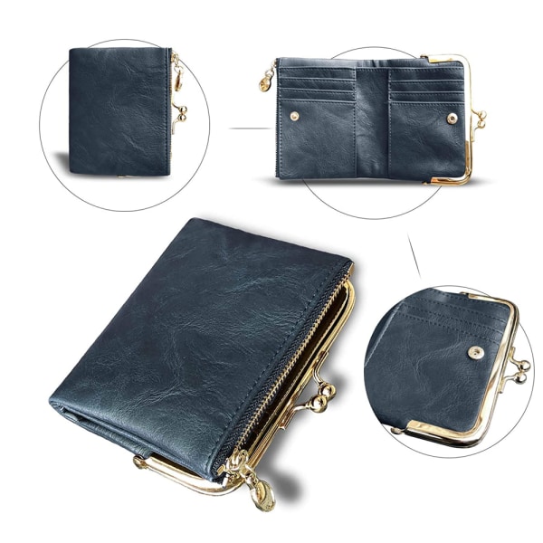 Steam plånbok Liten Rfid Ladies Compact Bifold Leather Vintage blue