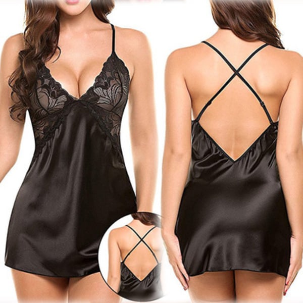 Nattlinne Nattkläder för sexiga kvinnor Spets Silkesmjukt Glänsande Satin Chemise. Black XL