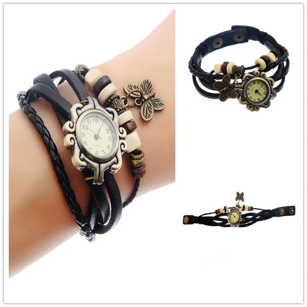Watch Wrap Mode Vintage Butterfly Drop Leather Armband Watch Black