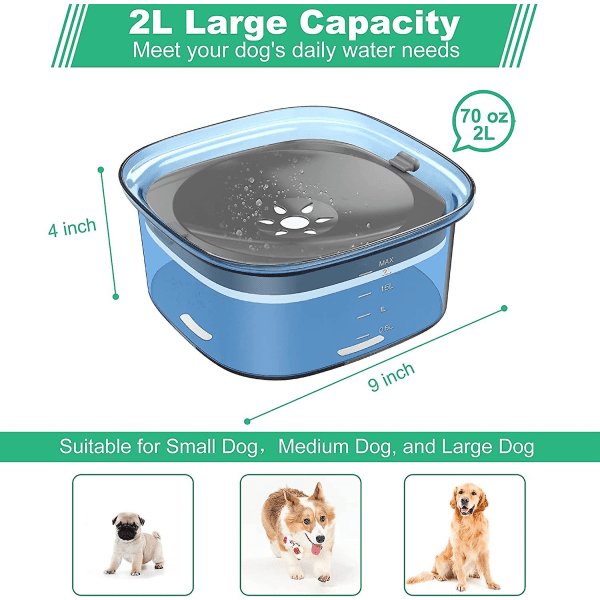 Stor kapacitet spillsäker hundvattenskål, kvävningsfri vattenskål utan spill med långsam vattenmatare, 2L Blue