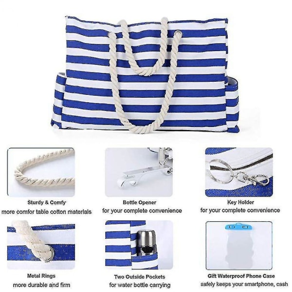 Strandväska med stor kapacitet Handväska i bomullsrep Blårandig strandhandväska i canvas inklusive Messenger-väska med innerficka blue