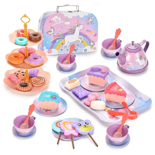 Pojkar Flickor Tea Party Set, låtsas kök Lekset Present med tekanna, fat, efterrätt och case för Princess Tea Time Unicorn